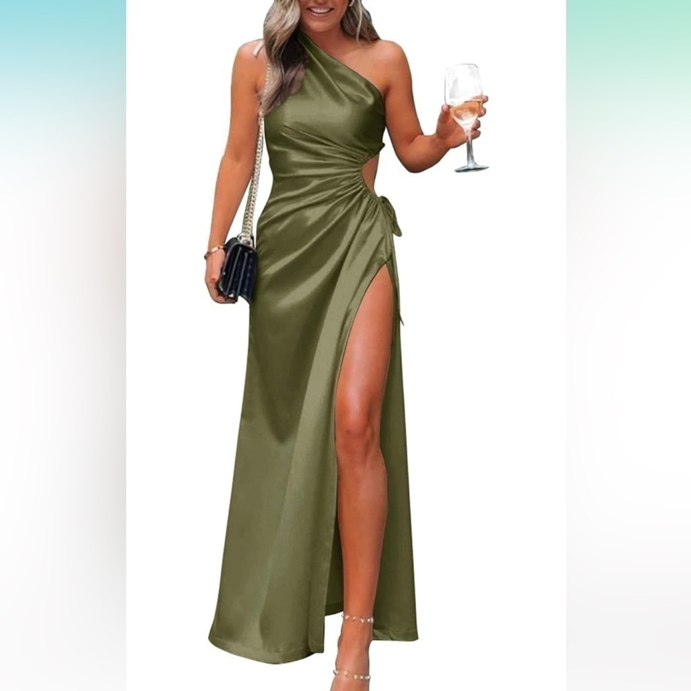 PRETTY GARDEN Army Green Satin Dress with High Slit and Cinched Cutout, EUC!